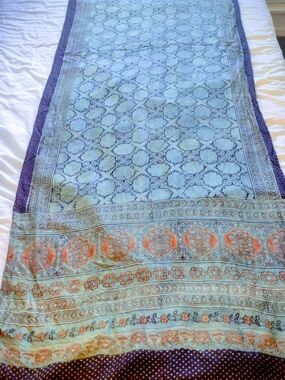 Light Blue Silk Printed Bohemian Scarf/Shawl with Orange Floral Border